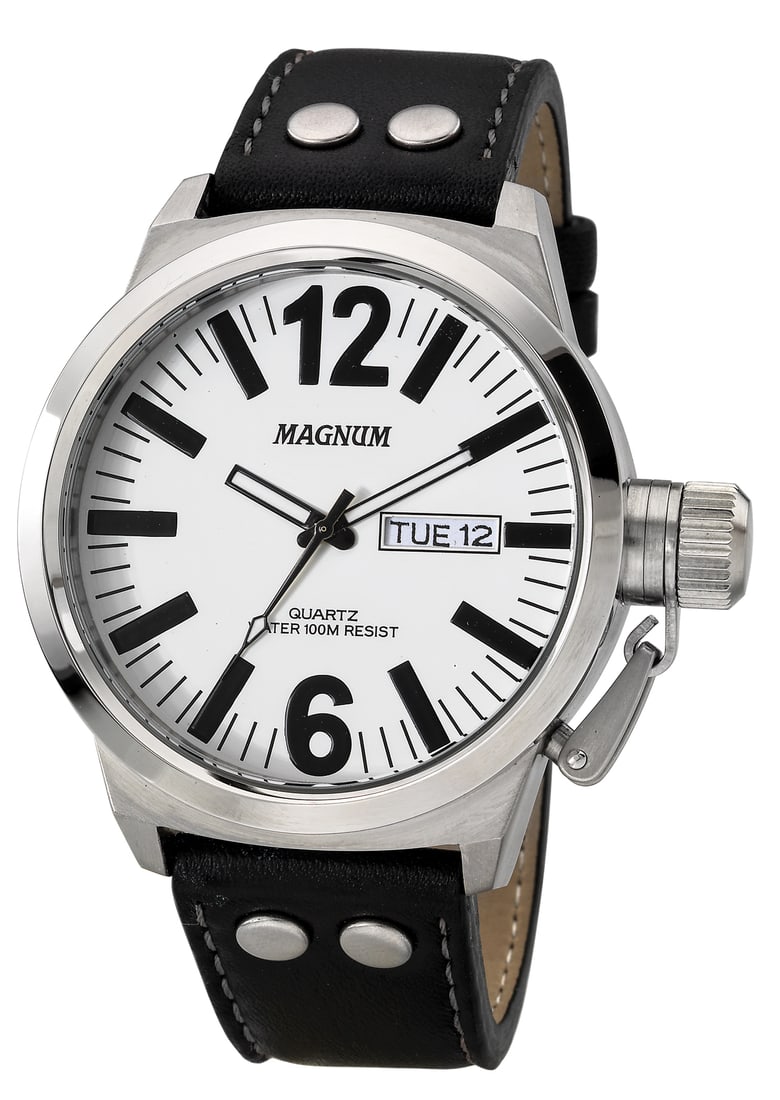 Magnum Principal with Canteen Crown, Day and Date Function: 48mm Men's Magnum Principal Quartz Watch - A robust timepiece with a bold 40mm dial window, riveted leather strap, and a durable design for rugged use.