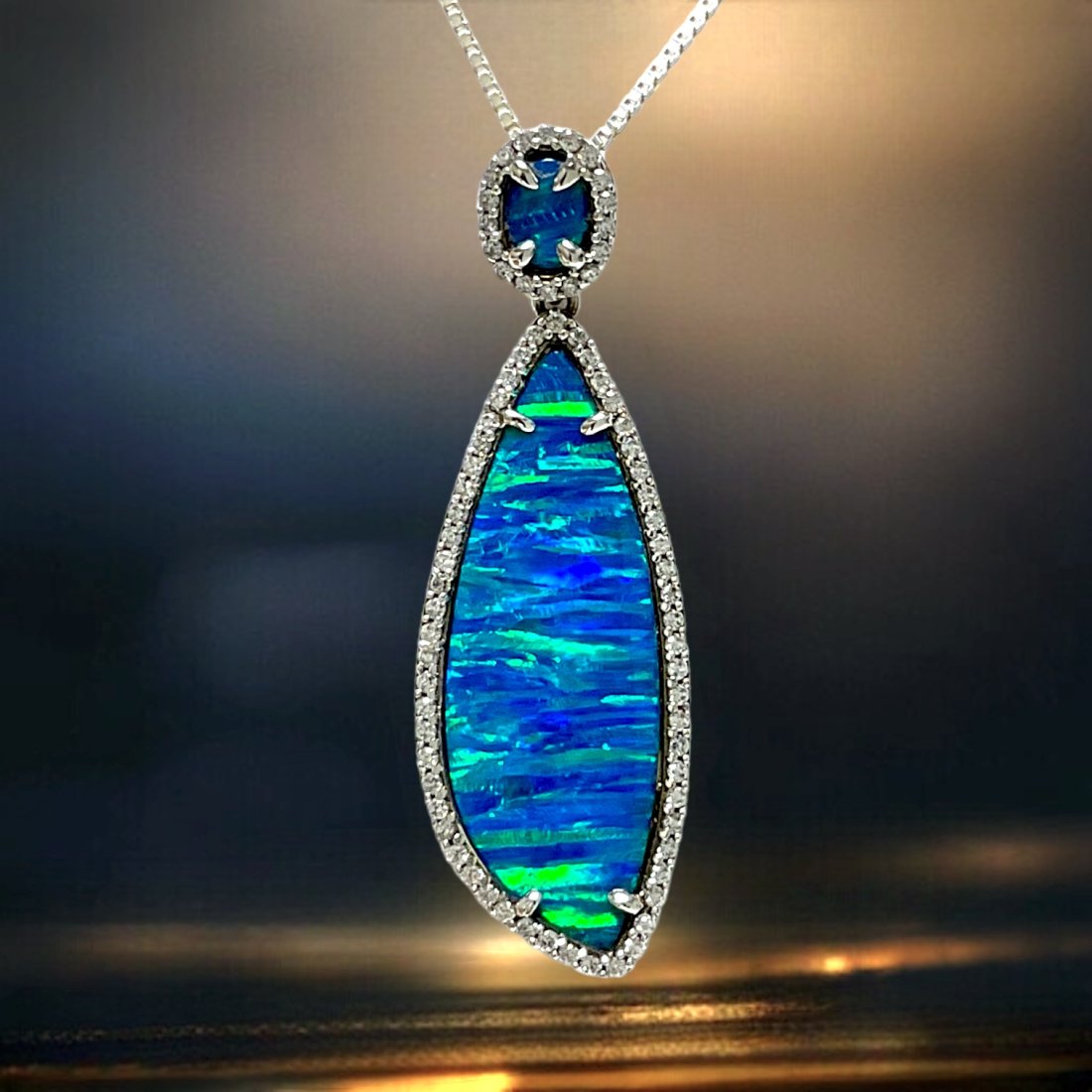 Iridescent Blue Synthetic Opal Sterling Silver Halo Pendant with Chain (1 of 1)