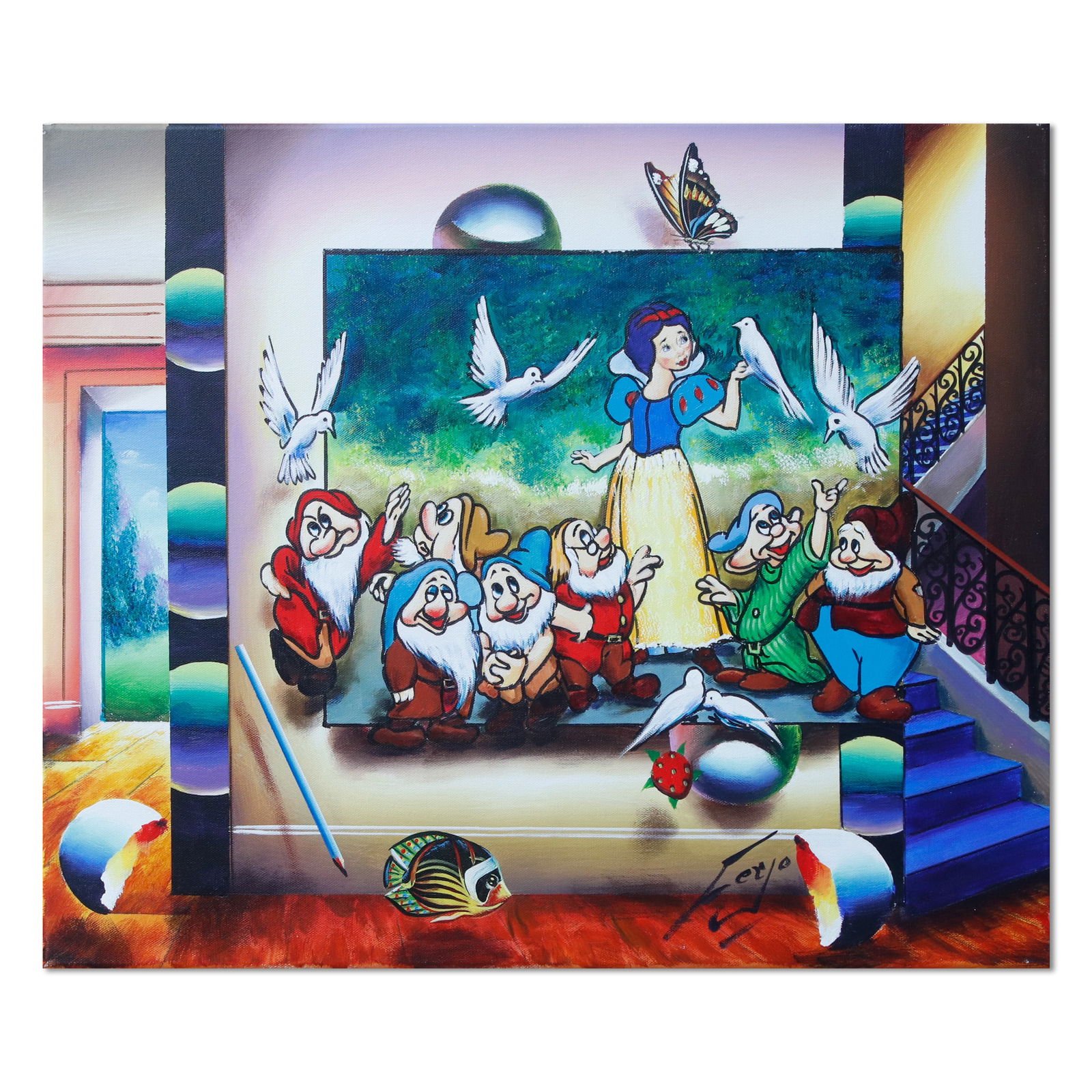 Snow White and Friends by Ferjo. Original Oil Painting Hand Signed 1/1: "Snow White and Friends" by Ferjo. Original Oil Painting Hand Signed 1/1. It is with exceptional pride that our auction house presents "Snow White and Friends," an illustrious original oil painting by