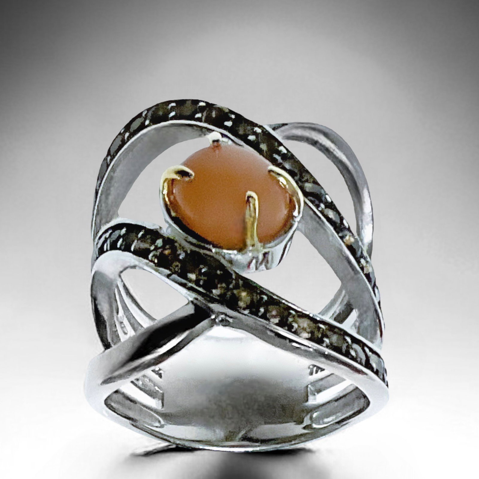 Bypass Moonstone & Smoky Quartz 14K Gold & Sterling Silver Ring - Size 7 (1 of 1)