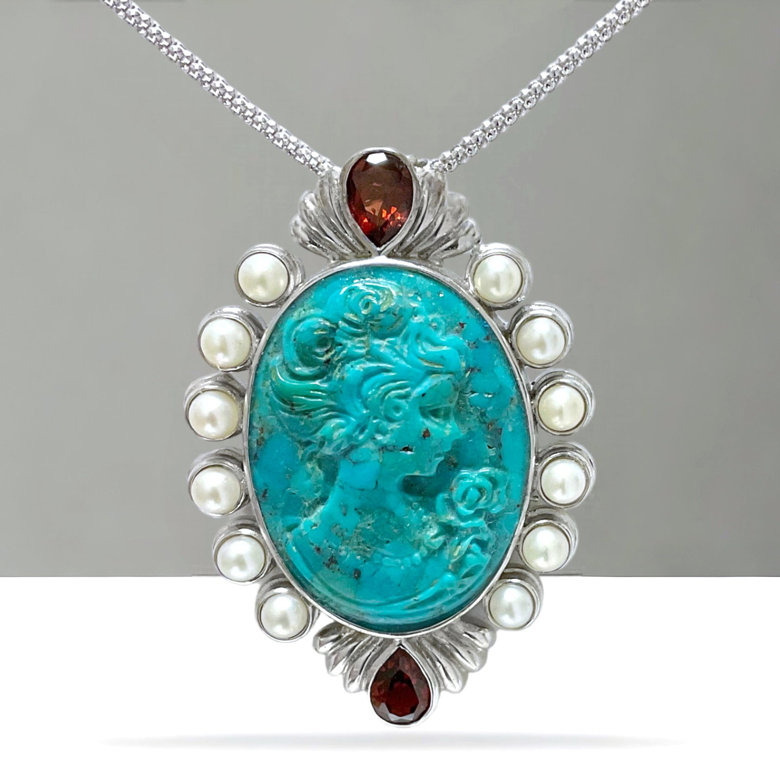 Regal Pendant Carved Lady silhouette in Turquoise with glimmering Pearls & Garnet (1 of 1)