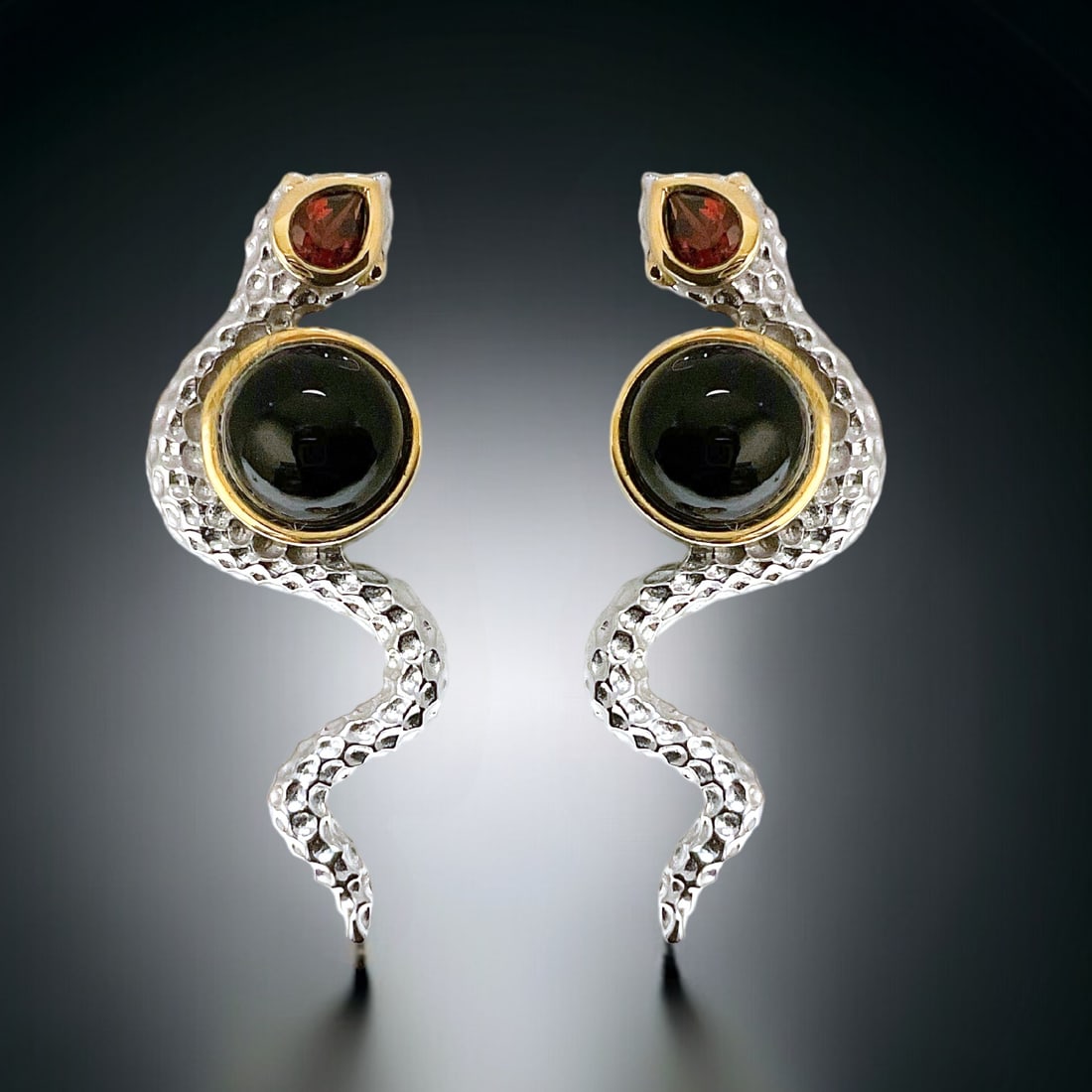 Inspired by Nature Sterling Silver Snake Earrings with Black Agate & Garnet (1 of 1)
