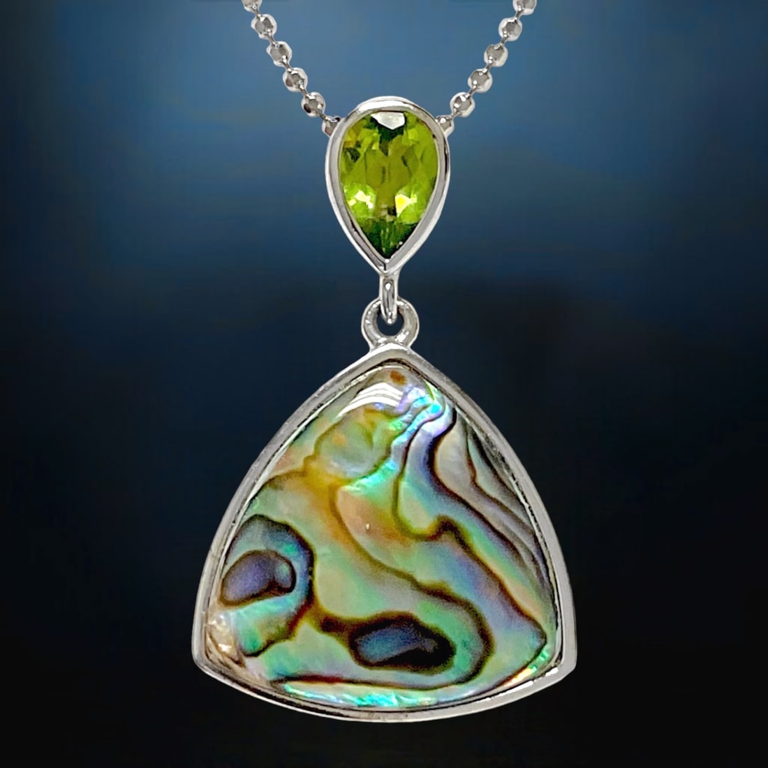 Majestic Abalone Sterling Silver Pendant with Pear Shaped Peridot with 16" + 4" Sterling Silver (1 of 1)