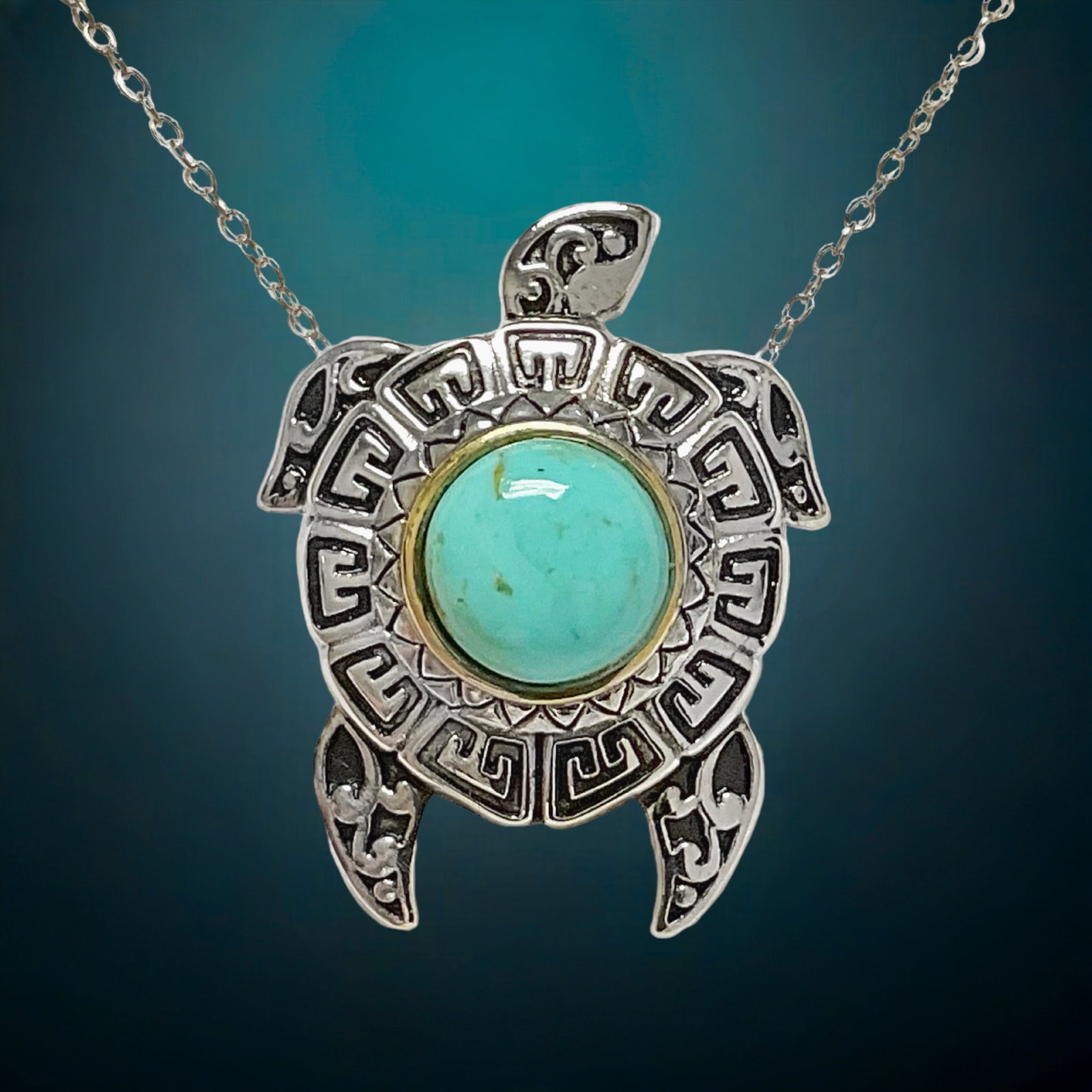 Turquoise Sea Turtle Sterling Silver Pendant with Chain (1 of 1)