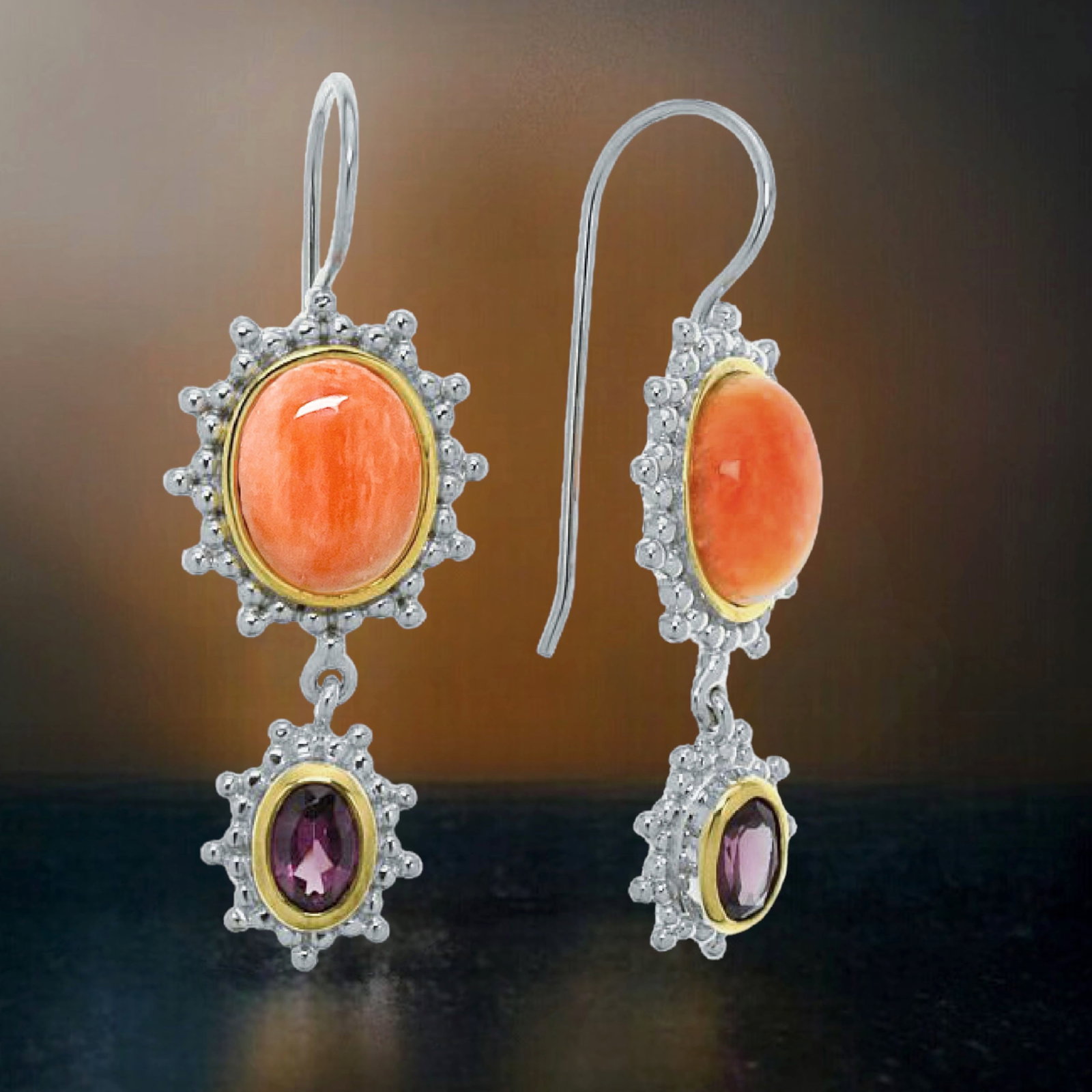 Adorn your ears with the exquisite beauty of these sterling silver earrings adorned with Spiny: Product Details Item: Earrings Metal: Sterling Silver Gemstone: Spiny Oyster & Rhodolite Garnet Approximate Measurements: 41.2 mm X 14.6 mm Ring Size: Not Applicable Chain Length: Not Appli