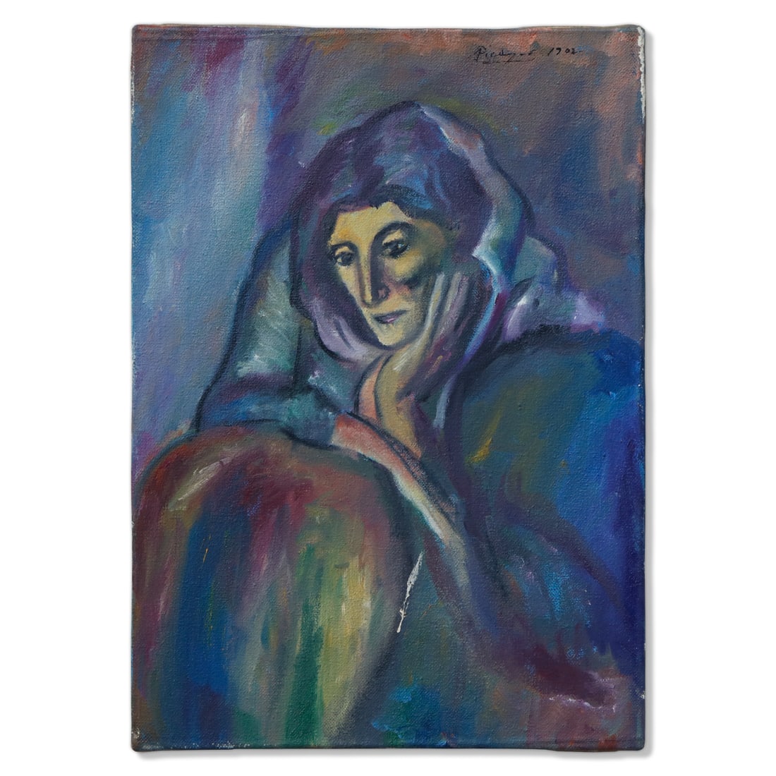 Picasso's "Woman in Blue" Oil on Canvas Painting 10x14 Signed and dated 1902: Picasso's "Woman in Blue" Original Oil on Canvas (1902). We are thrilled to present a magnificent and historically significant masterpiece from the legendary artist Pablo Picasso. "Woman in Blue" is a