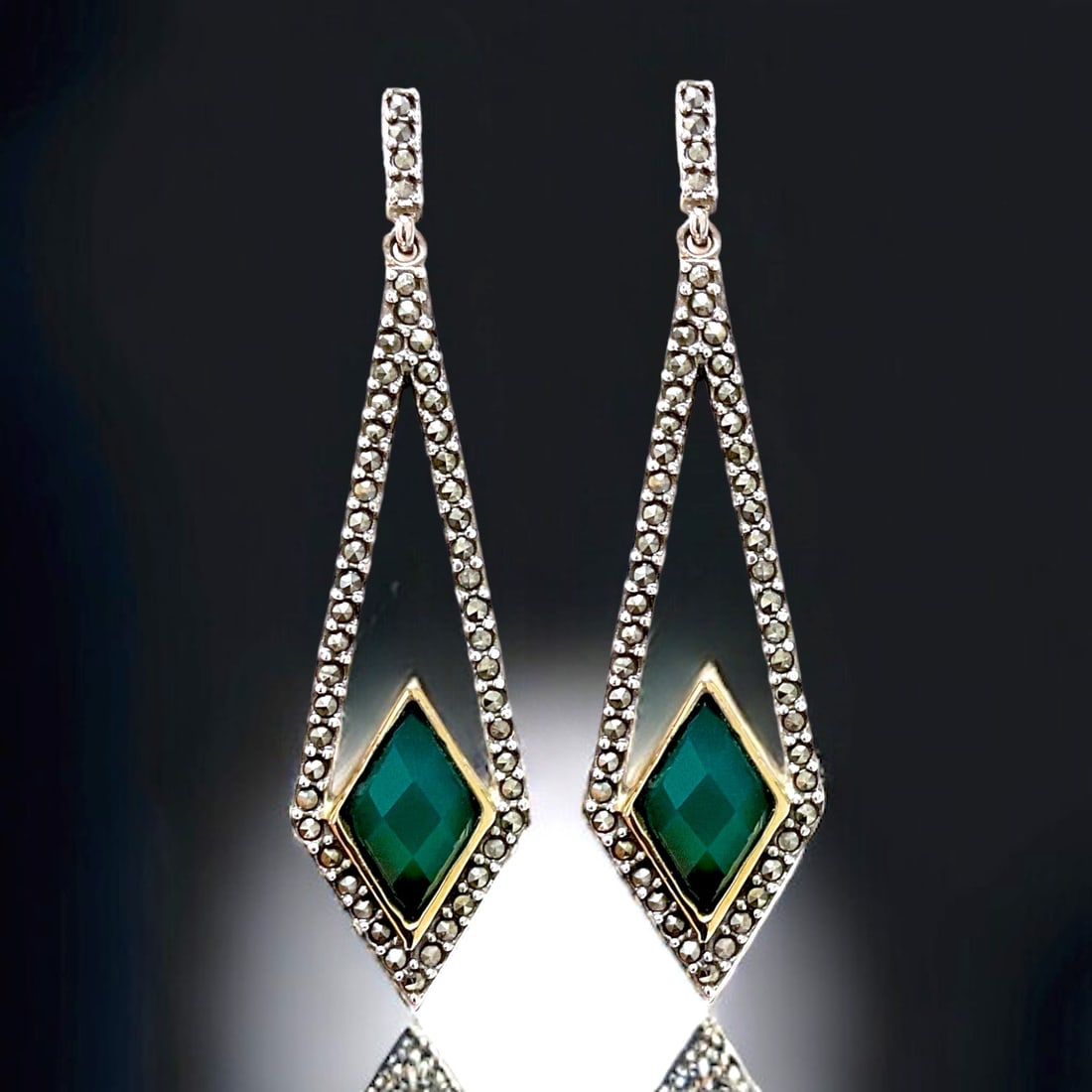 Green Agate Statement Earrings with Marcaiste and crafted in Sterling Silver (1 of 1)