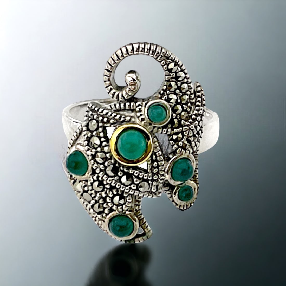 14K Gold & Sterling Silver Elephant Ring with Green Agate & Marcasite - Size 9 (1 of 1)