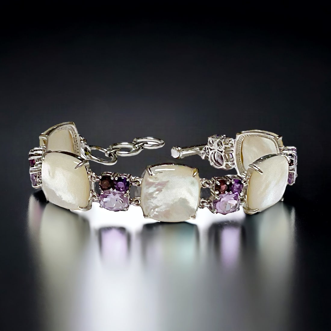One of a Kind Mother-of-Pearl Sterling Silver Bracelet with an array of Amethyst & Garnet Gems (1 of 1)