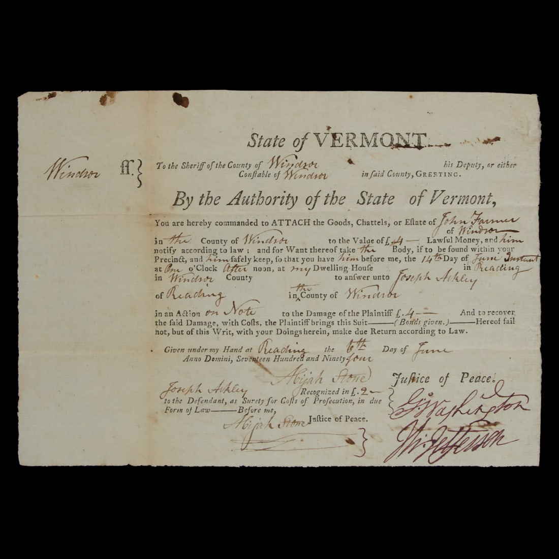 George Washington and Thomas Jefferson Signed State Of Vermont Warrant/Summons Dated June 6 1794 (1 of 5)
