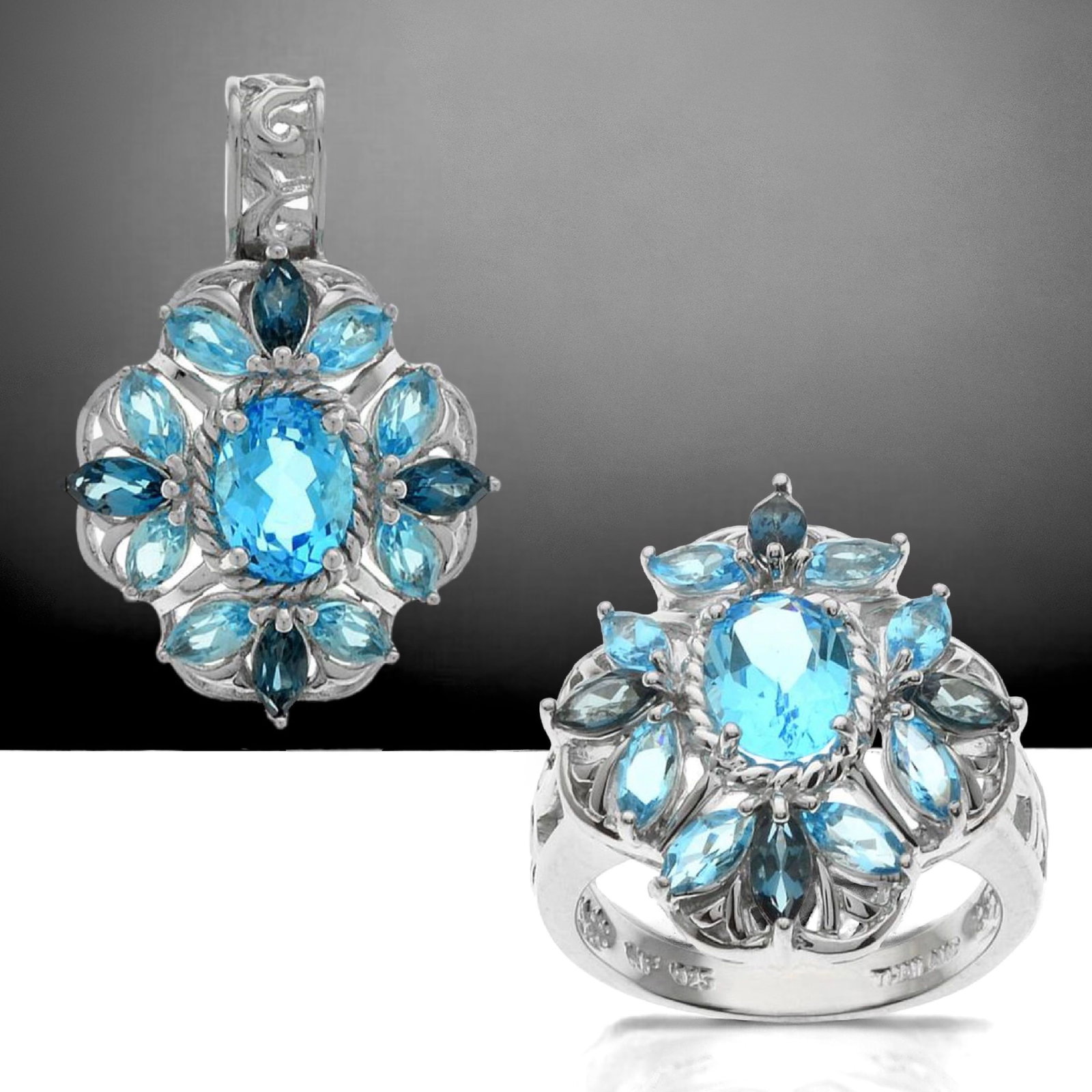 Swiss Blue Topaz & London Blue Topaz matching Jewelry Set: Ring & Pendant (1 of 1)