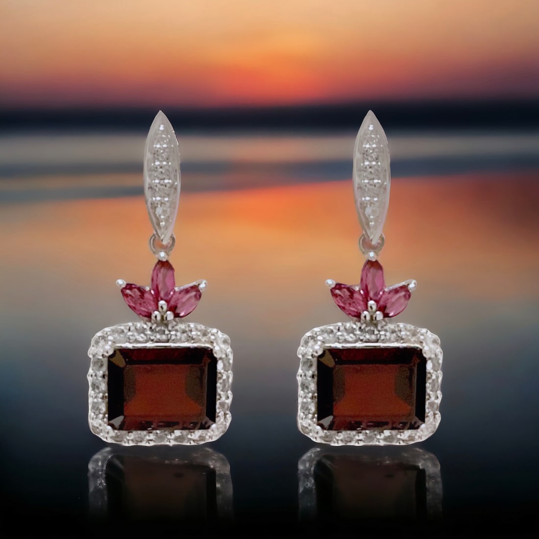 Graceful Emerald Cut Garnet Sterling Silver Earrings with White Topaz & Rhodolite Garnet accents (1 of 1)