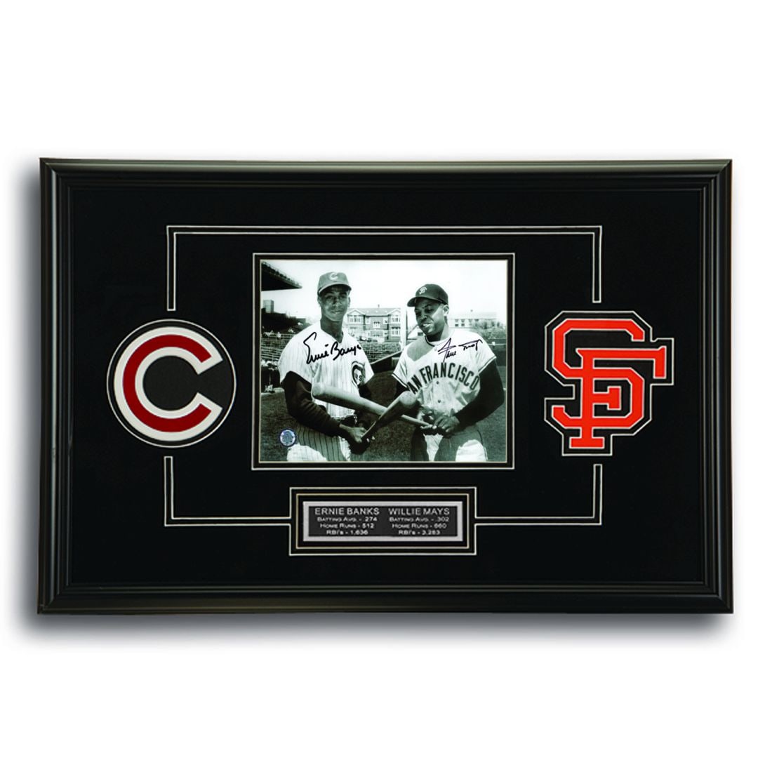 "Crossed Bats, Unified Legends" Ernie Banks & Willie Mays Signed Photo: "Crossed Bats, Unified Legends" – Ernie Banks & Willie Mays Signed Photo. On offer is a transcendent piece of baseball memorabilia: a framed photograph capturing two of the most venerated figures in