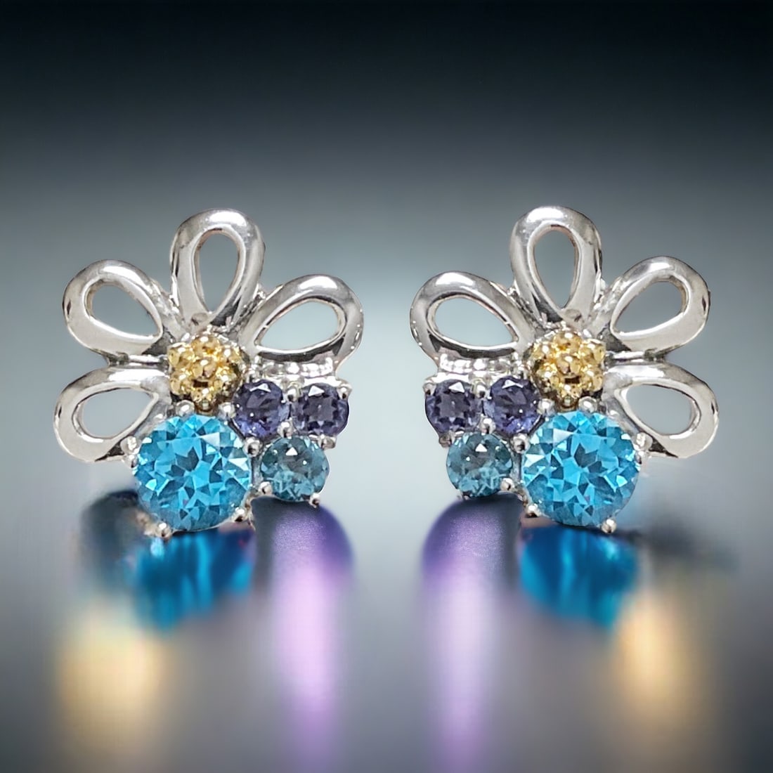 Blue Topaz Flower Earrings in 14K Gold & Sterling Silver with Iolite (1 of 1)