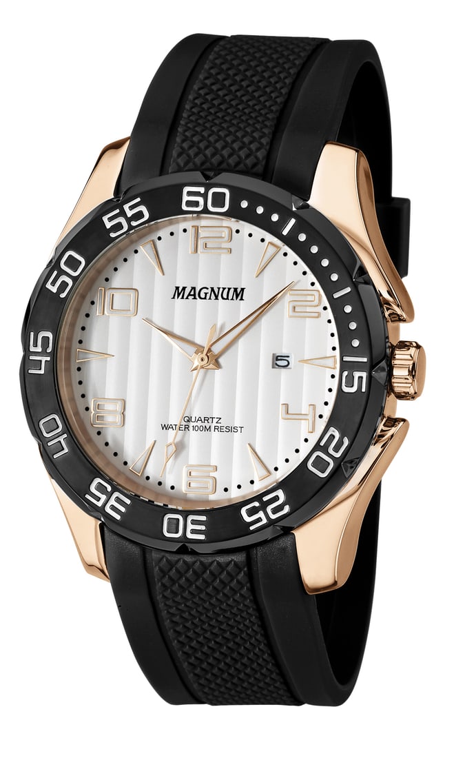 Magnum Grinder Sport Dive Watch with Golden Finish: 45 mm Men's Magnum Grinder Quartz Watch - A 34mm dial window watch with a 13mm thick case, featuring a unique vertical 'blind' style dial opening and a wide bezel with second graduations.