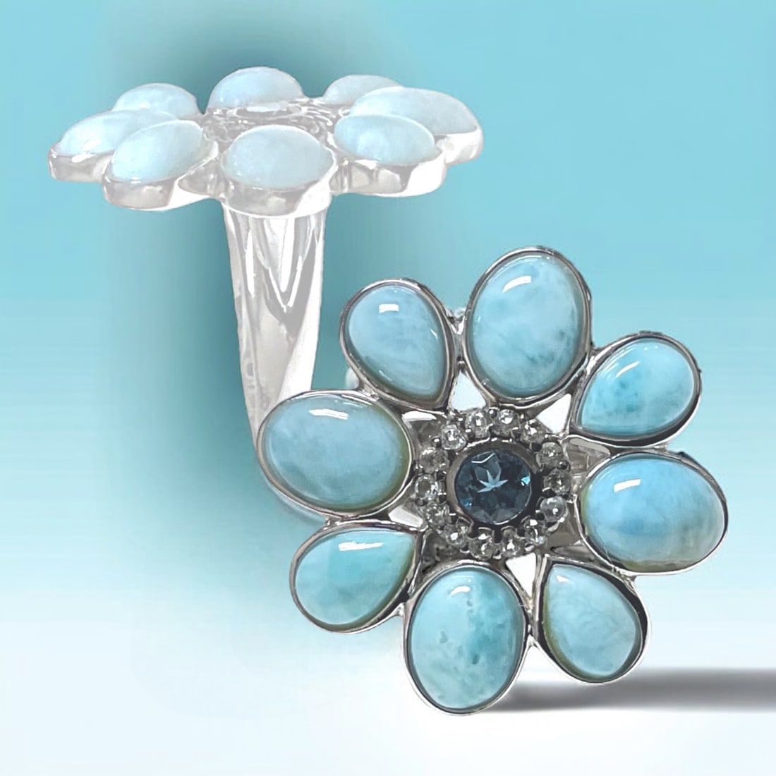 Sterling Silver Larimar & Blue Topaz Flower Ring - Size 7 (1 of 1)
