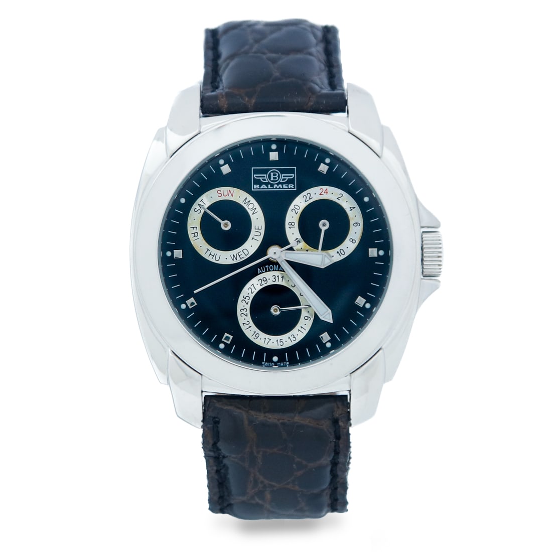 Balmer Vintage Swiss Made Complicated Automatic Watch: Pristine Balmer Swiss-Made Automatic Watch – New Old Stock with Triple Complications. We are proud to showcase a resplendent artifact of timekeeping artistry, the Balmer Swiss-Made Automatic Wat
