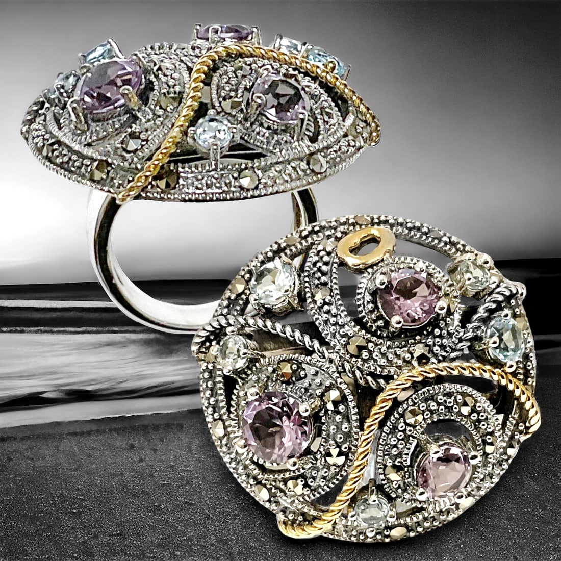 Expertly crafted 14K Gold & Sterling Silver Ring with Amethyst, Sky Blue Topaz, & Marcasite Gems (1 of 1)