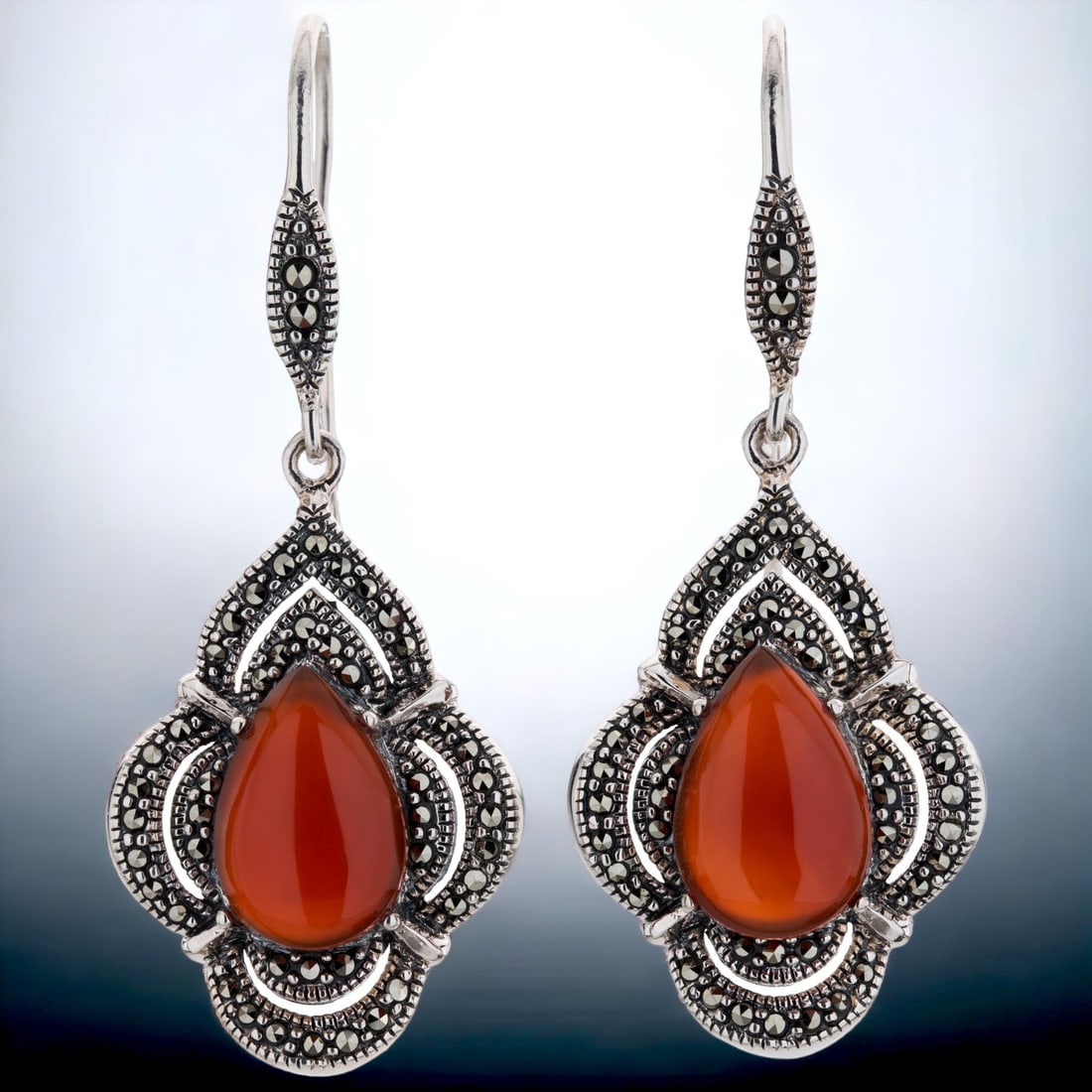 Royal Red Agate & Marcasite Sterling Silver Drop Earrings (1 of 1)
