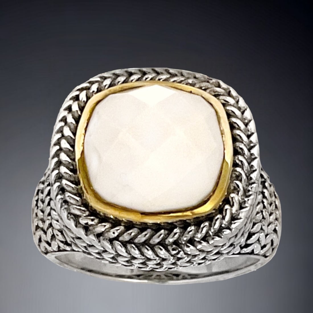 White Agate Ring with Filagree details with 14K gold over Sterling Silver boarder - Size 7 (1 of 1)