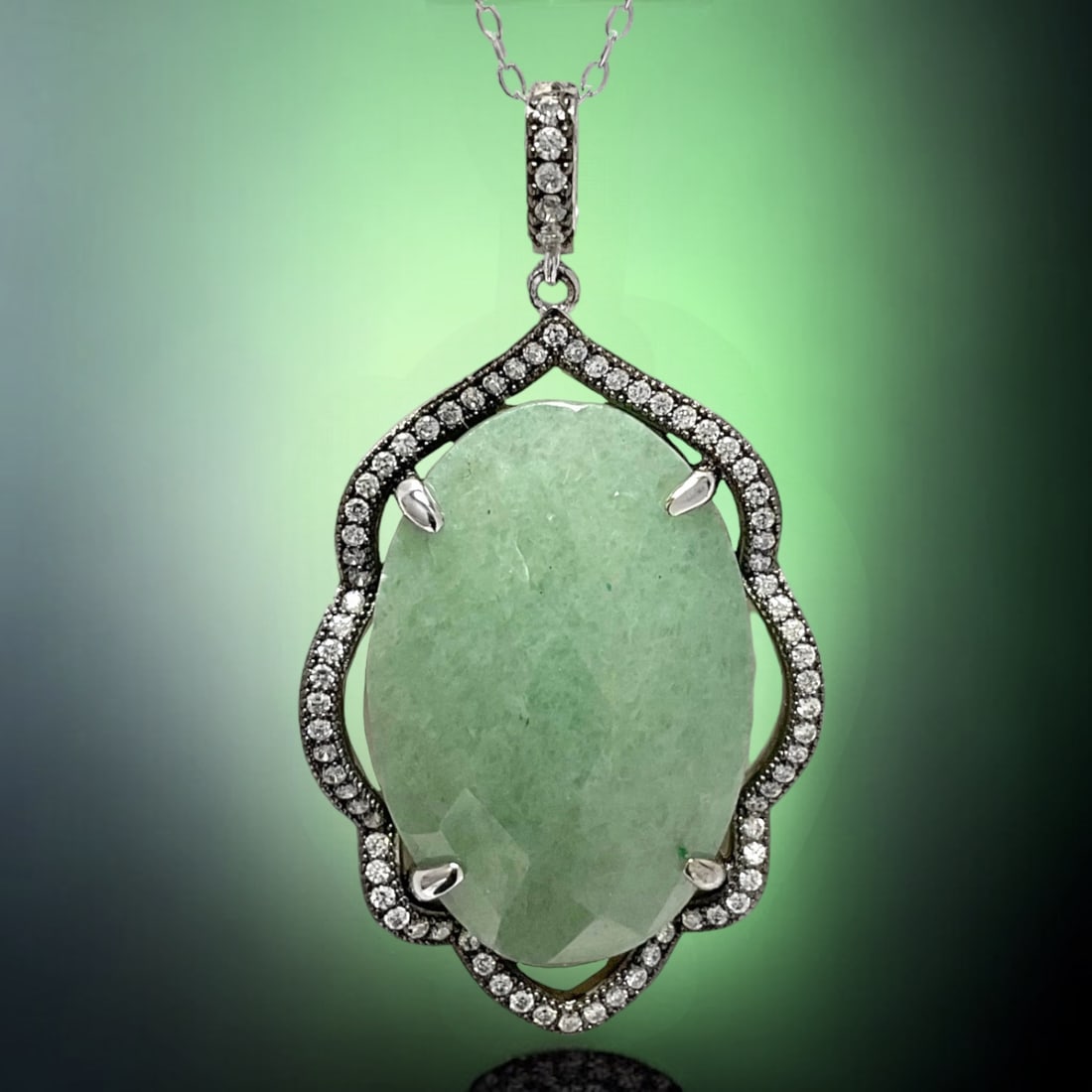 Large Oval Green Aventurine Pendant set in Sterling Silver and wrapped in Simulated Diamonds (1 of 1)