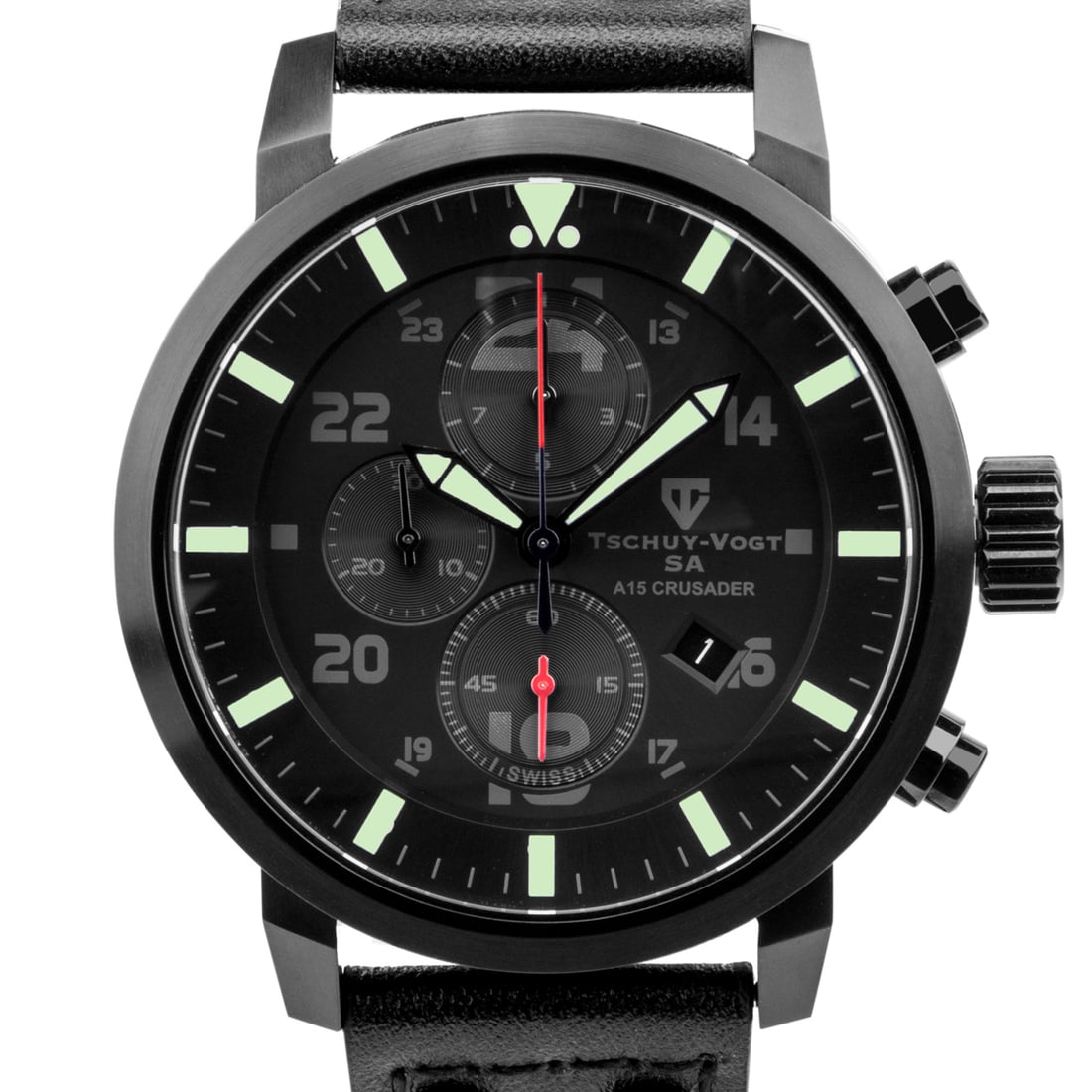 Tschuy-Vogt A15 Crusader: Swiss Chronograph: Introducing the Tschuy-Vogt A15 Crusader, a robust timepiece inspired by the Tank, Cruiser, Mk VI or A15 Crusader, one of the iconic British cruiser tanks of World War II. This watch boasts a solid 31