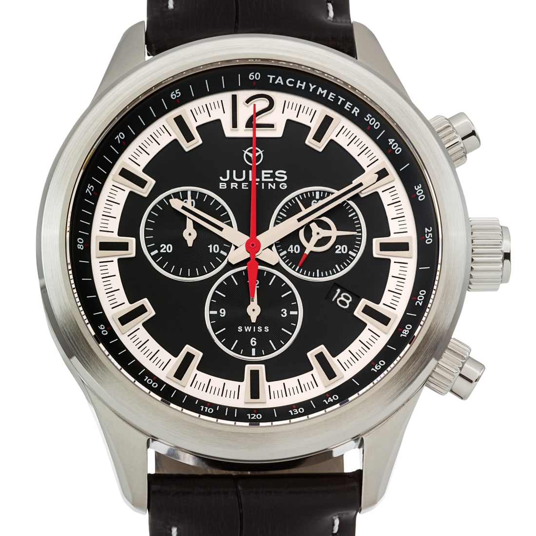 Jules Breting Nostromo: Swiss Chronograph: The Jules Breting Nostromo is a stunning timepiece that pays homage to the iconic sci-fi film ""Aliens"" and the vessel the crew inhabit. This Swiss Chronograph Watch is a 45mm masterpiece, featuring 