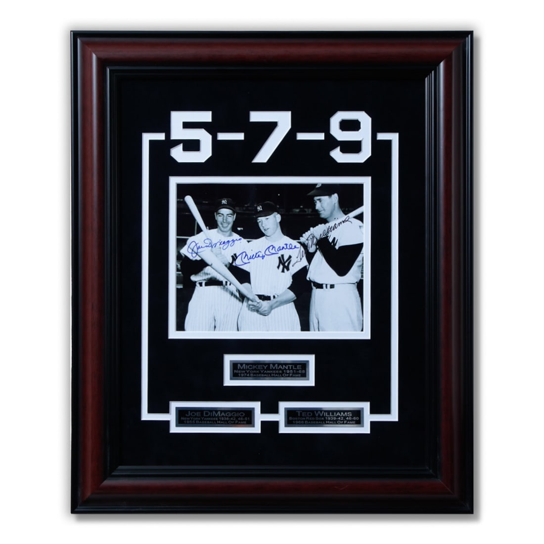 Joe DiMaggio, Mickey Mantle & Ted Williams Signed: Joe DiMaggio, Mickey Mantle & Ted Williams Triple Signed 8x10 Photograph Elegantly Presented in a 25x21 Custom Frame. We present to you an extraordinary piece of baseball history, a triple signed 8x10