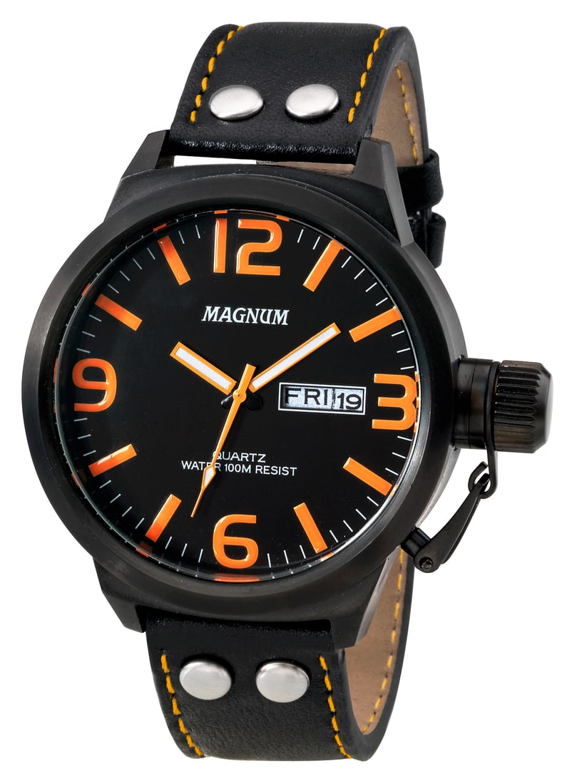 Magnum Principal: Canteen Crown, Contemporary Color Accents: 48mm Men's Magnum Principal Quartz Watch - A robust timepiece with a bold 40mm dial window, riveted leather strap, and a durable design for rugged use.