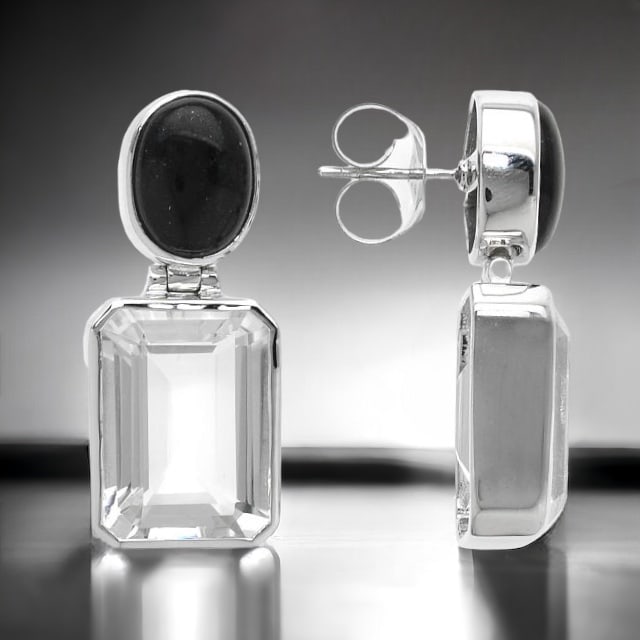 Black & White Excelence with 22.80 cttw Clear Quartz & Black Onyx Sterling Silver Earrings (1 of 1)