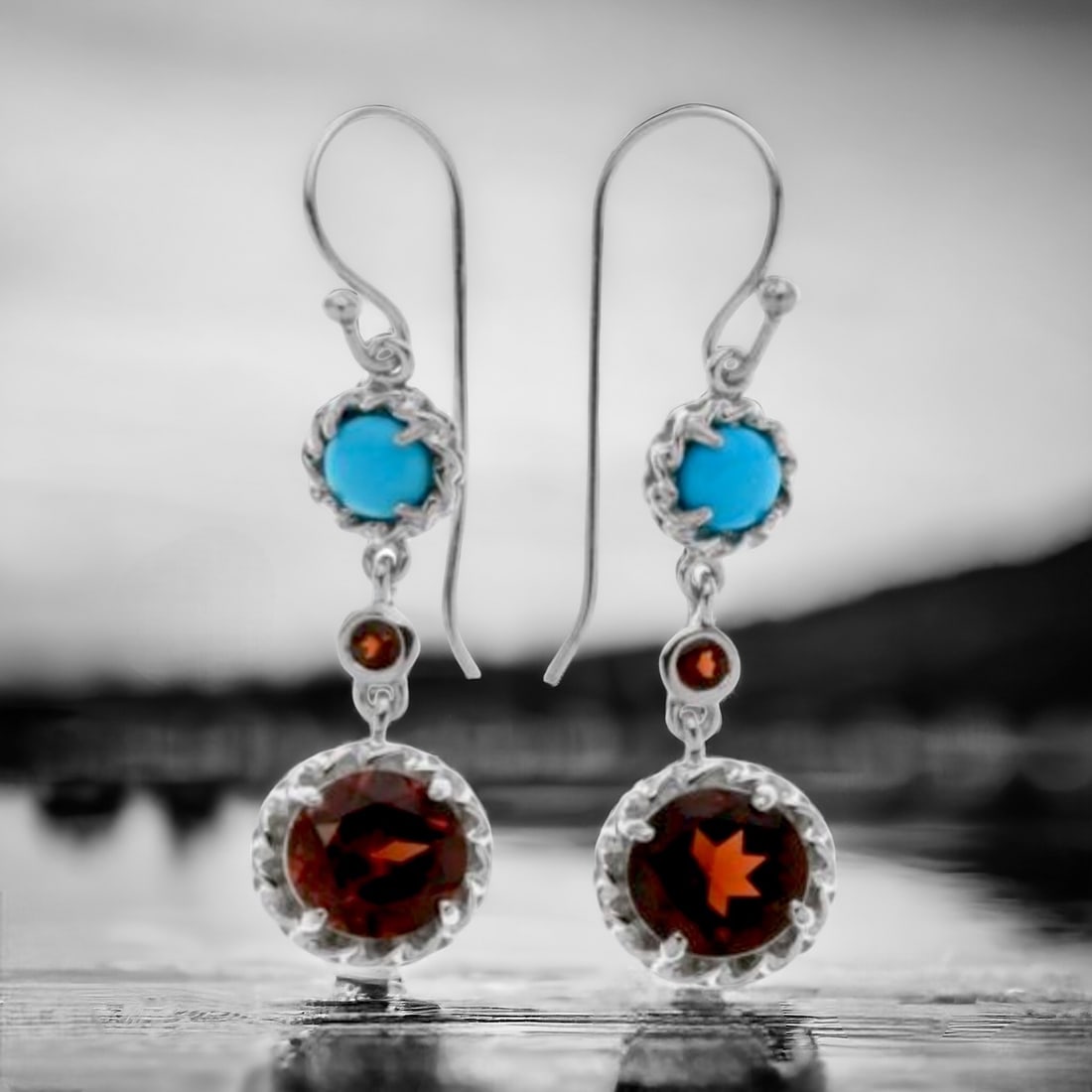 Sleeping Beauty Turquoise & Garnet Sterling Silver French Hook Earrings (1 of 1)