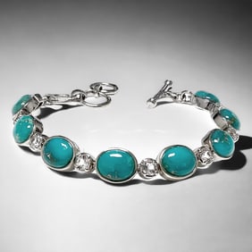 Southwest Turquoise Sterling Silver Bracelet with sparkling White Topaz - 7.5"