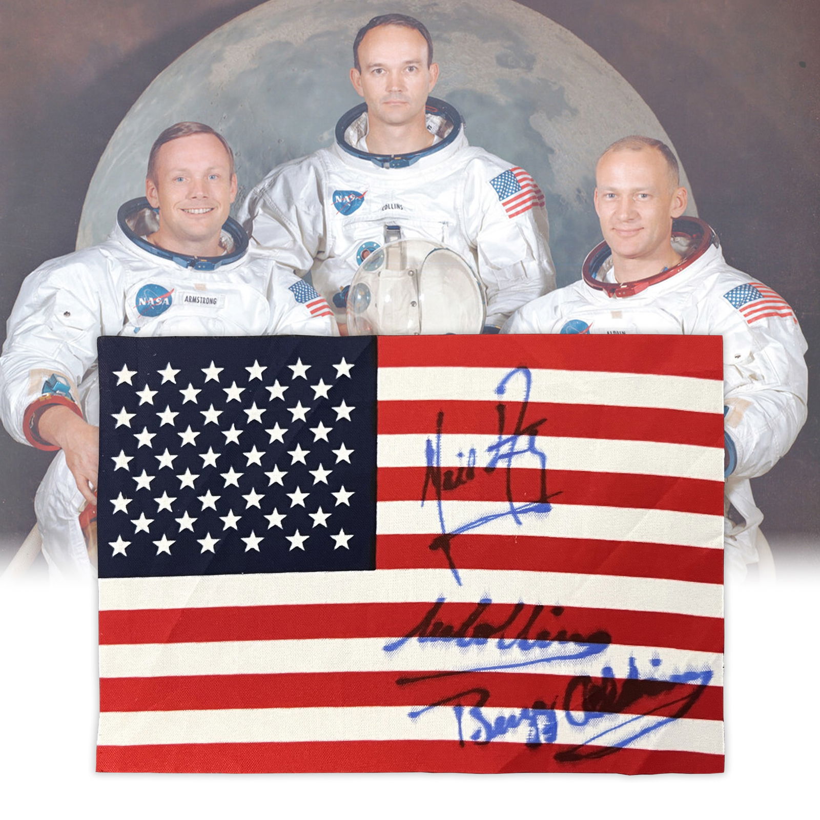 Signed Mini Flag by Apollo 11's Neil Armstrong, Buzz Aldrin, and Michael Collins in Museum Quality (1 of 3)