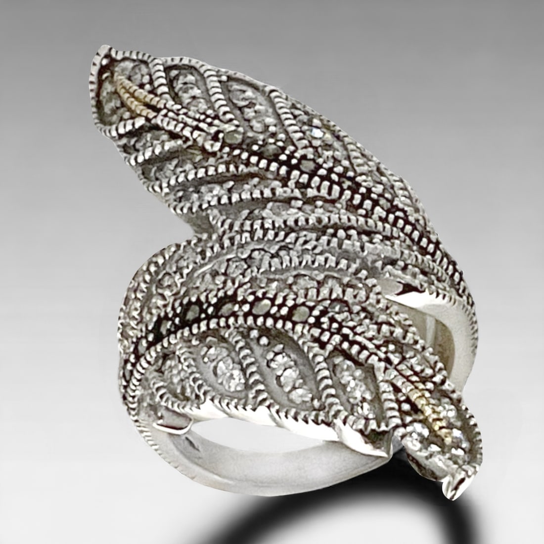 14K Gold & Sterling Silver Marcasite & Simulated Diamond Ring - Size 7 (1 of 1)