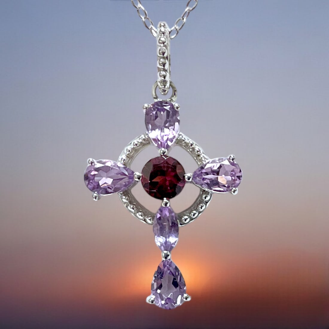 Spiritual Amethyst & Garnet Cross gracefully set in Sterling Silver with 18" chain (1 of 1)