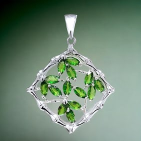 Radiant Chrome Diopside Bamboo Design Sterling Silver Pendant