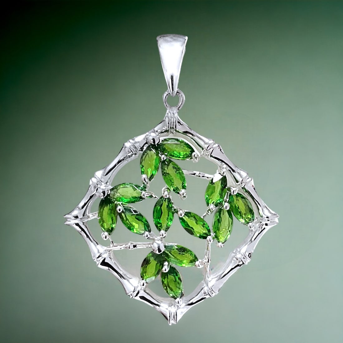 Radiant Chrome Diopside Bamboo Design Sterling Silver Pendant (1 of 1)