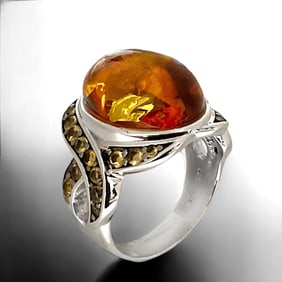 Baltic Amber and Citrine Sterling Silver Ring - Size 7