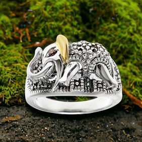 14K Gold & Sterling Silver Moveable Legs Marcasite Elephant Ring Size 7