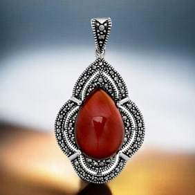 Imperial Marcasite Pendant with Pear Shaped Red Agate set in Sterling Silver