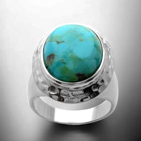 Turquoise Sterling Silver Hammered Textured Ring - Size 7