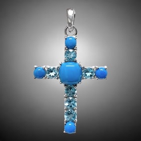Ornately crafted Sterling Silver Cross Pendant adorned with Blue Topaz & Ceruleite
