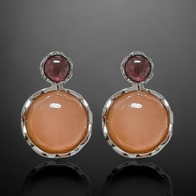 Chic Peach Moonstone & Garnet Earrings with detailed Sterling Silver setting