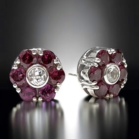 Luxurious Deep Garnet Flower Earrings with White Topaz and set in Sterling Silver