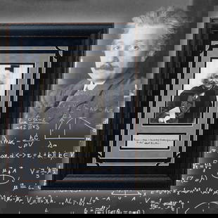 Albert Einstein Signed and Written in German E=MC2 Equation on 5x2.5 Inch Card: Forensically Authenticated Albert Einstein Signed and Written in German E=MC2 Equation on 5x2.5 Inch Card, Presented in a Museum-Quality Custom-Designed Framed Presentation. We are immensely