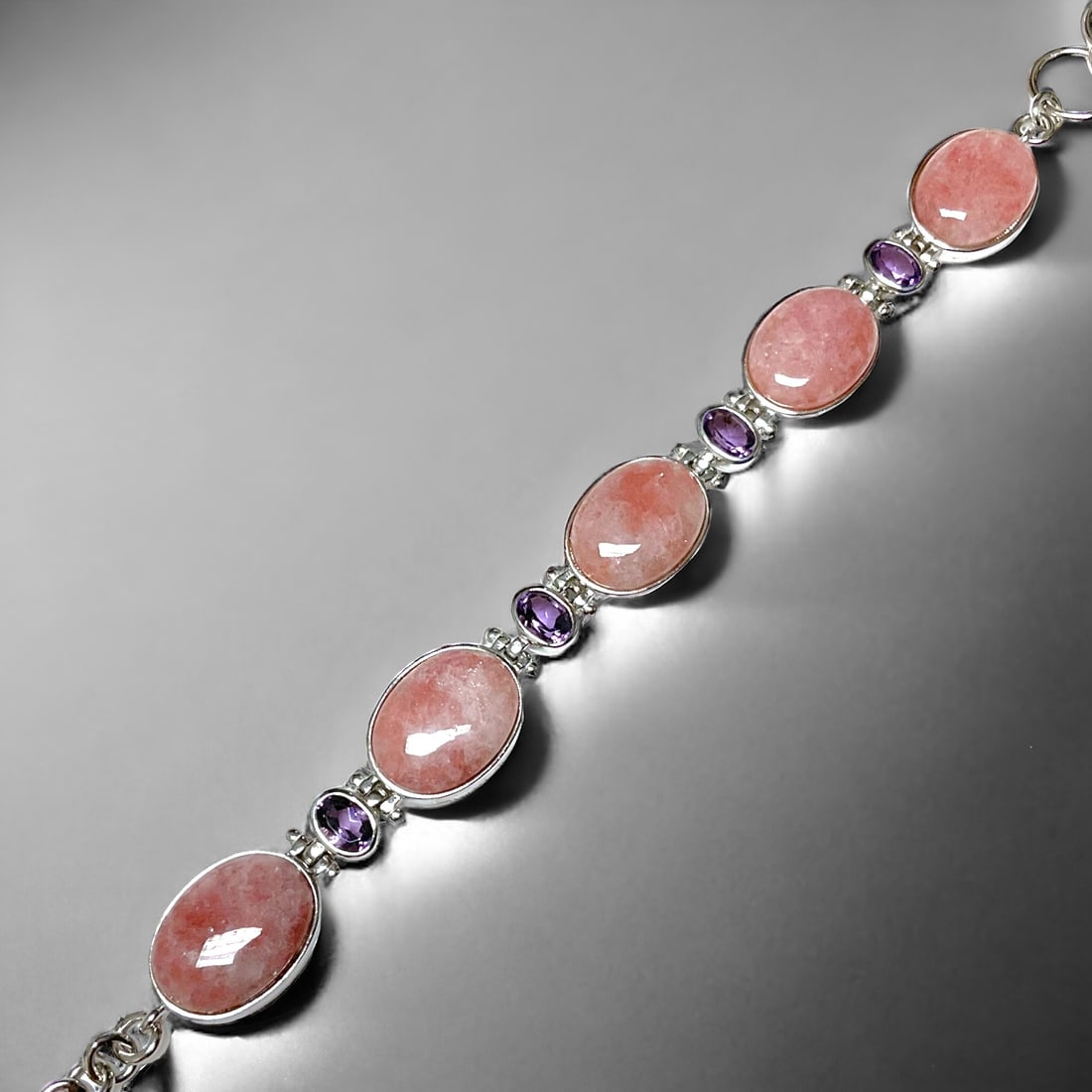 Strawberry Quartz & Amethyst Sterling Silver 8.5 inch Bracelet (1 of 1)