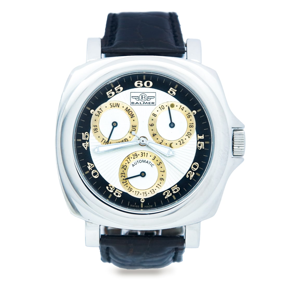 Balmer Vintage Swiss Made Automatic Swiss: Pristine Balmer Swiss-Made Automatic Watch – New Old Stock with Triple Complications. We are proud to showcase a resplendent artifact of timekeeping artistry, the Balmer Swiss-Made Automatic Wat