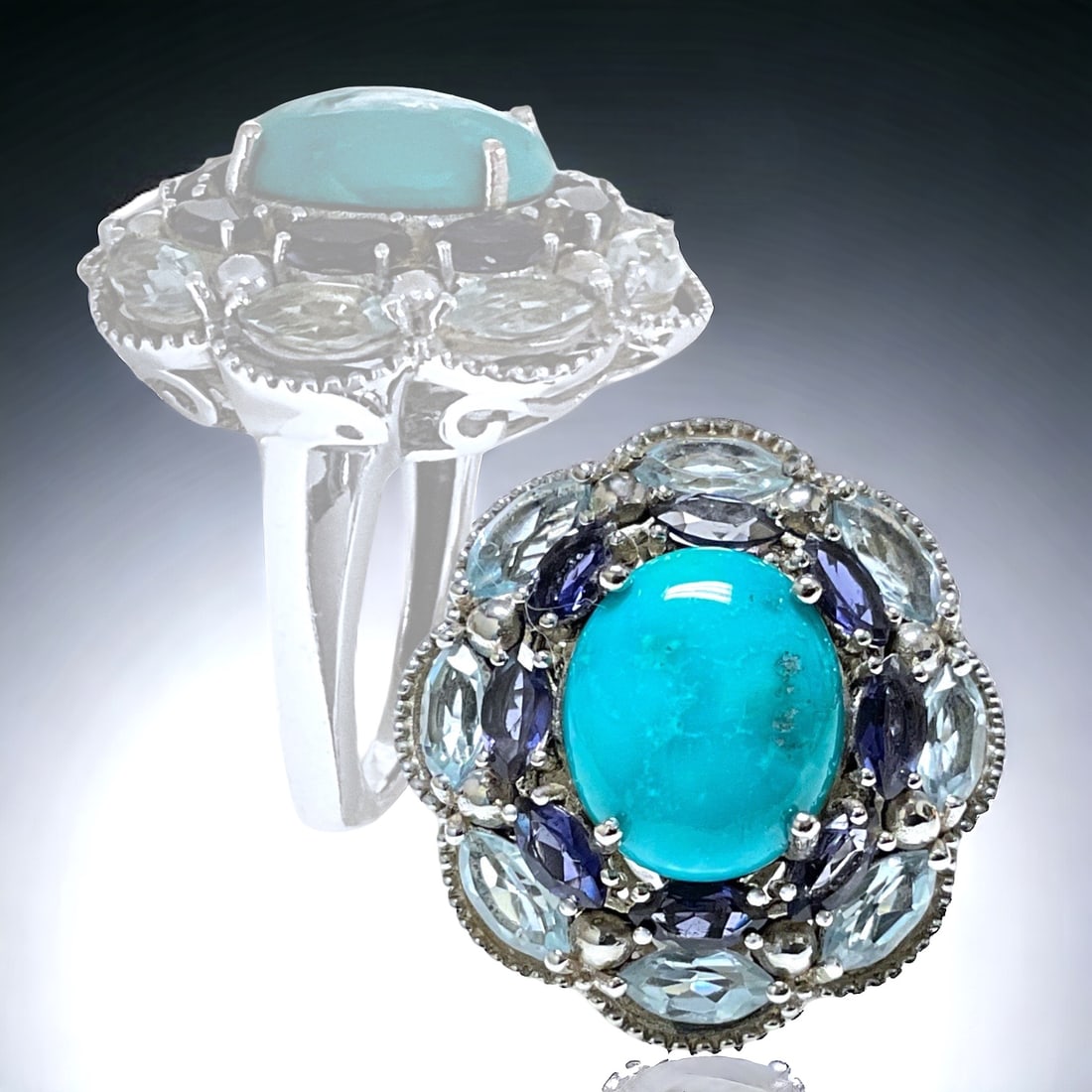 Southwest Turquoise Ring set in Sterling Silver with Deep Blue Iolite and lovely Blue Topaz - Size 7 (1 of 1)