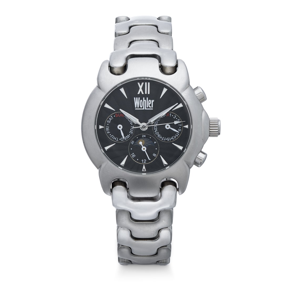 Wohler Automatic Titanium Calendar Dual Time Moonphase Sport Watch: Experience unparalleled luxury and precision with the Wohler Automatic Titanium Calendar Dual Time Moonphase Sport watch. Crafted from premium titanium, this timepiece boasts a robust yet lightweight