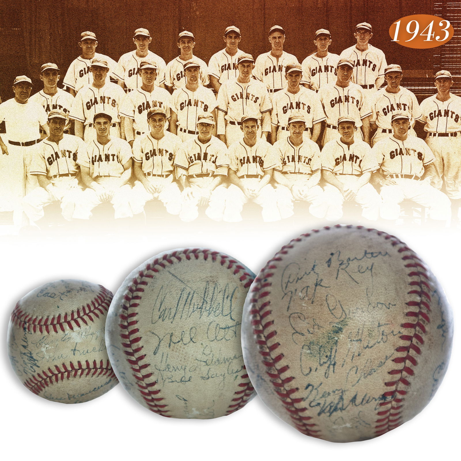 1943 New York Giants Team-Signed Baseball Featuring Hall of Famers Carl Hubbell & Mel Ott  Beckett (1 of 9)